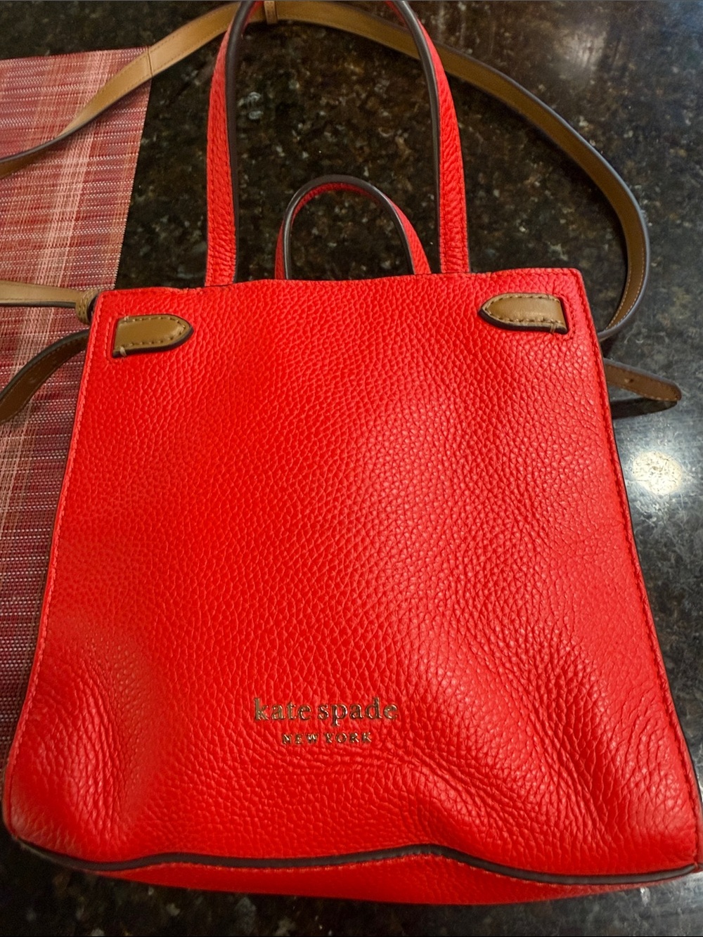 kate spade Red Pebbled Leather Crossbody Tote with Tan Accents